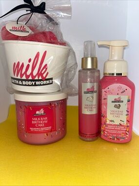 NEW Bath & Body Works Milk Bar Birthday Cake 4 Piece Set plus a free gift